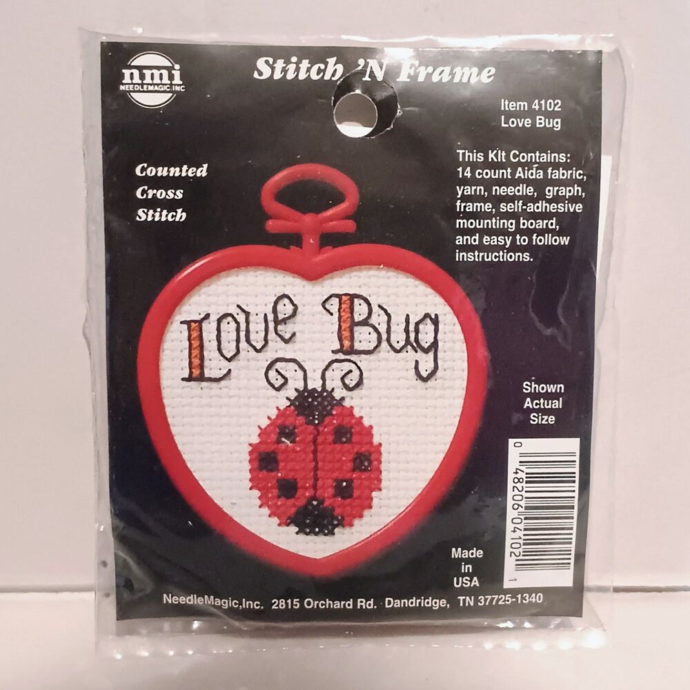 Vtg Needle Magic Stitch N Frame Love Bug Cross Stitch Kit-4102-Ladybug-NEW